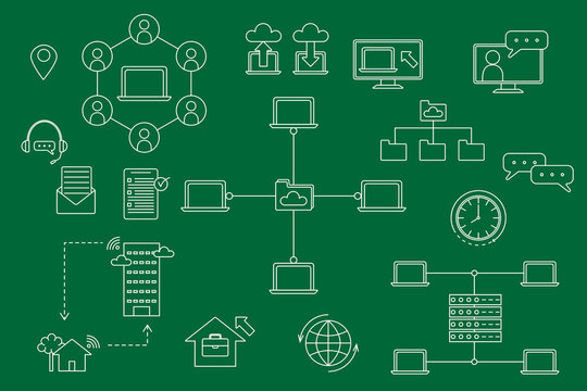 Work from home concept icon set is a white doodle style icon isolated on a green background Separating groups in sublayers for ease of use