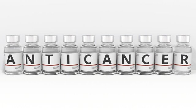 Medical glass bottles compose ANTICANCER text. Conceptual 3d animation