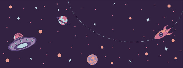 Vector illustration of space and universe theme. Flat illustration on a dark purple background with multi-colored planets, rocket and ufo. Vector illustration