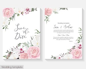 Vector floral template for wedding invitations. Pink roses, white orchids, berries, gypsophila, eucalyptus, green plants and flowers. Postcard for your text.