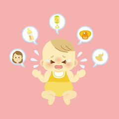 イラスト素材：様々な理由で泣き出すベビー服を着た赤ちゃん＿背景ピンク＿ベビー全身
