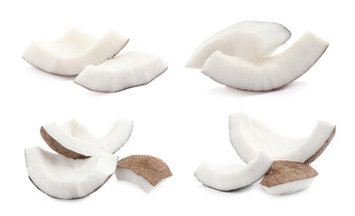 Set with pieces of ripe coconut on white background