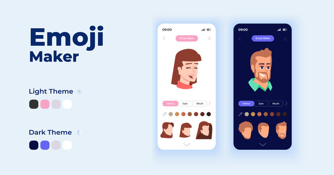 Emoji maker cartoon smartphone interface vector templates set. Mobile app screen page day mode and dark mode design. Creating modern UI for application. Phone display with flat character