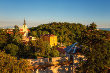 Trsat, scenic view from Trsat castle, medieval fortress wall and surroundings drowning in greenere,...