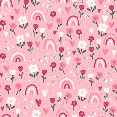 Cute hand drawn rainbows and flowers seamless pattern, lovely background, doodle style, great for textiles, banners, wallpapers, surfaces, wrapping - vector design