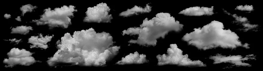 Foto op Canvas Clouds set isolated on black background. White cloudiness, mist or smog background. Collection of different clouds. © Tryfonov