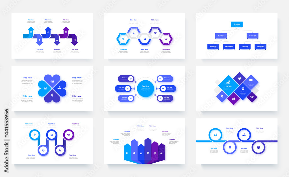 Aufkleber Nine infographic presentations slides. Set of vector illustrations for business analysis. Arrows, flow charts, timelines and other abstract elements