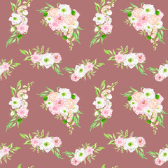 Watercolor floral seamless pattern. Beautiful bouquets on burgundy background. Blush and white flower arrangements, botanical repeated print for fabrics, textile, wallpaper, wrapping, scrapbook paper.