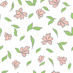 Flowers and leaves, vector pattern. Illustration of floral and leafy pattern. Botanical natural minimalistic background. Hand drawing.