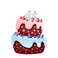 Forty five years birthday cake with candles number 45. Cute cartoon festive vector image. Chocolate biscuit with berries, cherries and blueberries. Happy Birthday illustration for parties