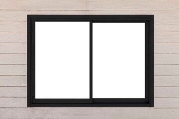 Black sliding aluminum window frame and white wood wall