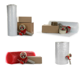 Set with bubble wrap rolls, cardboard boxes and tape dispensers on white background