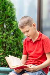 8-year-old boy in a red t-shirt reads a red book in the park sitting on a blanket against a background of greenery