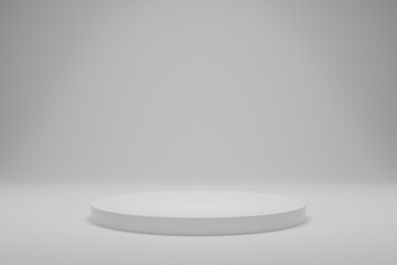 Blank white gradient background with product display platform. Empty studio with circle podium pedestal on a white backdrop. 3D rendering