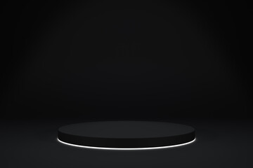 Blank black gradient background with product display platform. Empty studio with circle glowing podium pedestal on a black backdrop. 3D rendering