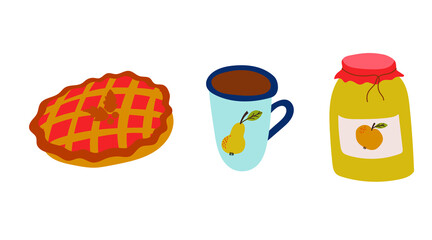 Homemade berries pie with apple jam jar and cup tea. Set of clipart objects