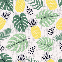 Seamless pattern of botanical floral tropical flowers and leaves with pineapple fruit vector illustration
