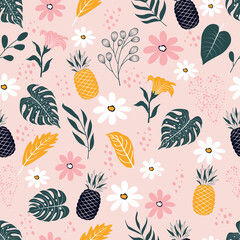 Seamless pattern of botanical floral tropical flowers and leaves with pineapple fruit vector illustration