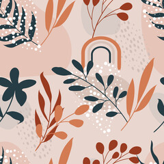 Seamless pattern of abstract botanical floral tropical flowers and leaves vector illustration