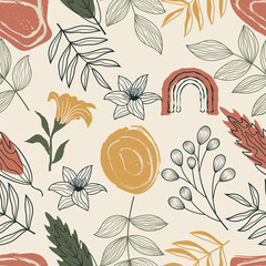 Seamless pattern of abstract botanical floral tropical flowers and leaves vector illustration