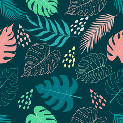 Seamless pattern of abstract botanical floral tropical flowers and leaves vector illustration