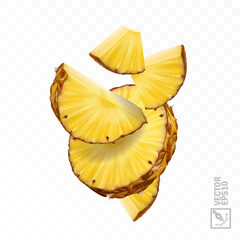 3d realistic isolated vector pineapple set, falling pineapple slices and pieces - obrazy, fototapety, plakaty