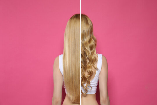 Young woman with long hair before and after using curlers on pink background, collage