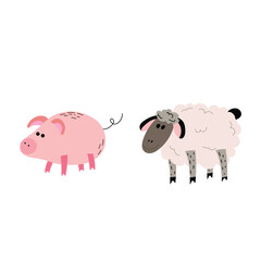 Set of farm animals. Pig and sheep .Vector illustration in flat style. 