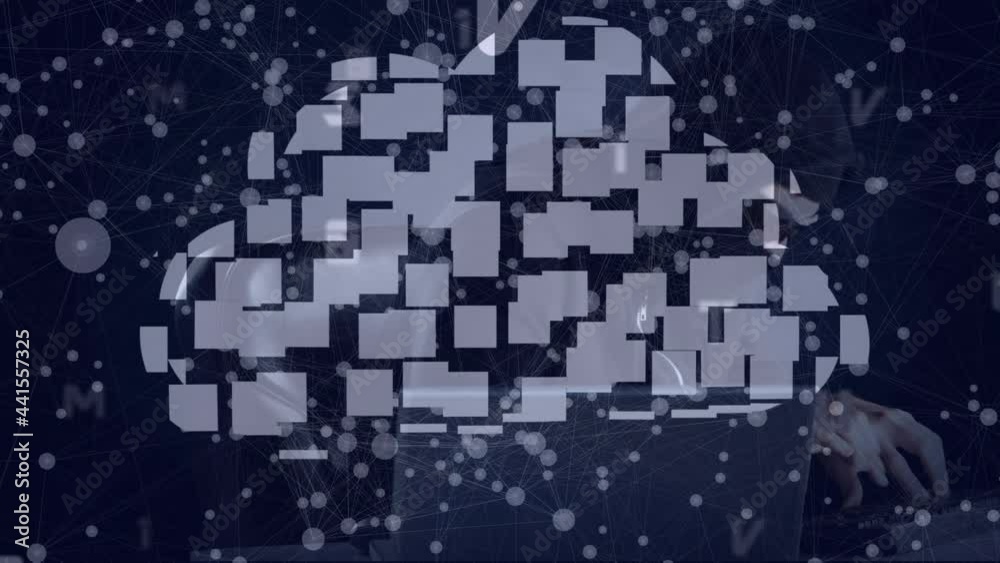 Poster animation of digital cloud and data processing over hacker