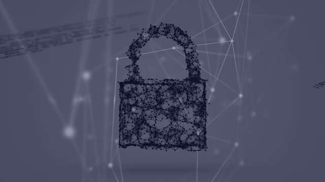 Animation of online security padlock, networks of connections over data processing