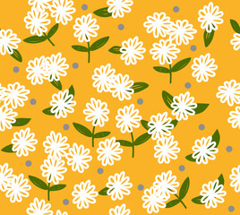 Fototapeta na wymiar White flowers on yellow background. Seamless pattern