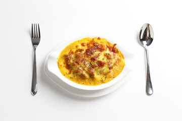 oven baked creamy cheese Japanese curry pasta with chicken in bowl western chef cuisine seafood menu in white and brown background
