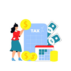 Woman pay tax. Taxation currency calculating. Accounting and Financial Management