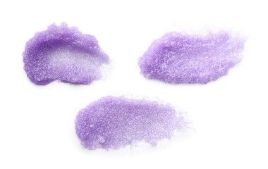 Set with smears of body scrubs on white background