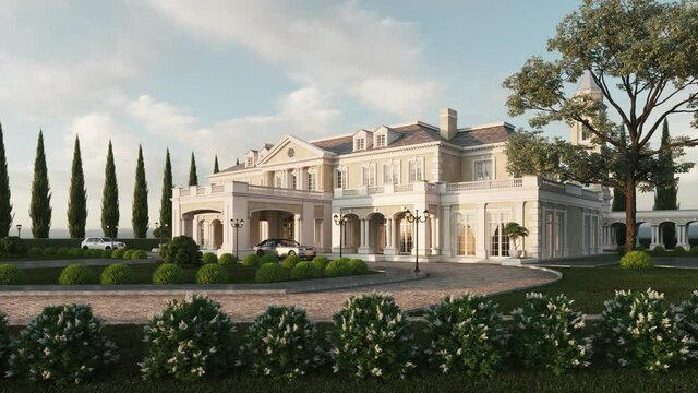 Luxury Mansion with garden. Expensive cars in the mansion. Luxury mansion villa house building. 3d visualization