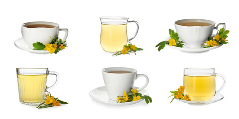 Set with cups of  aromatic celandine tea on white background. Banner design
