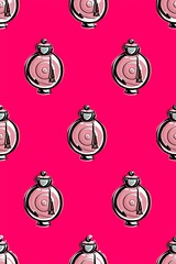 Pink perfume bottle on a bright purple background. Seamless pattern for fabric and packaging. An illustration in the style of a fashion sketch. Vector illustration
