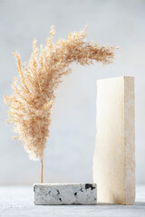 Composition of travertine and granite blocks and pampas grass. Abstract modern background. Natural...
