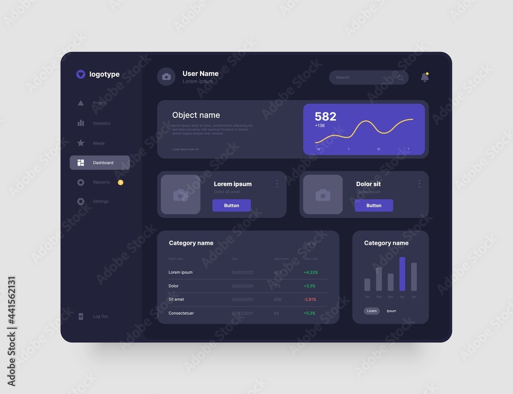 Fototapete Dashboard design in dark colors. App interface with UI and UX elements. Use design for web application, desktop or mobile app.