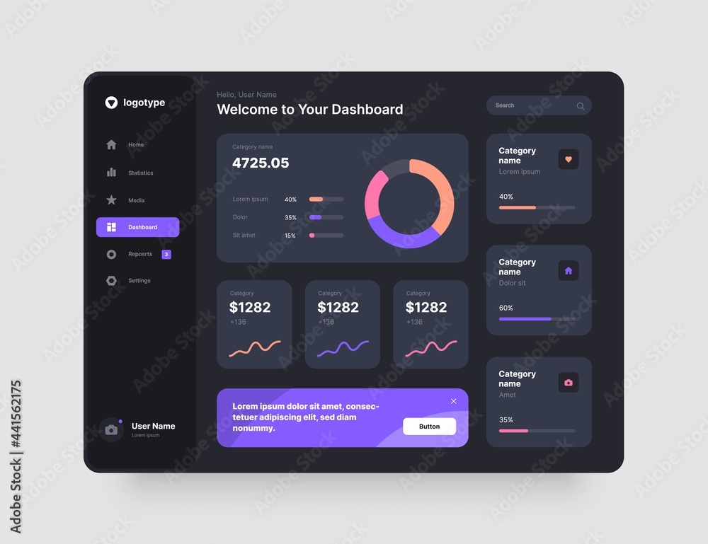 Fototapete Dashboard design in dark colors. App interface with UI and UX elements. Use design for web application, desktop or mobile app.