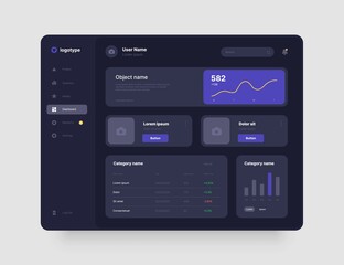 Dashboard design in dark colors. App interface with UI and UX elements. Use design for web application, desktop or mobile app.