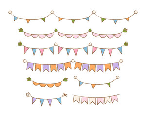 Hand drawn set of cute paper party flags for decoration and covering, isolated vector illustration on white background