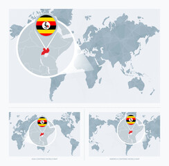 Magnified Uganda over Map of the World, 3 versions of the World Map with flag and map of Uganda.