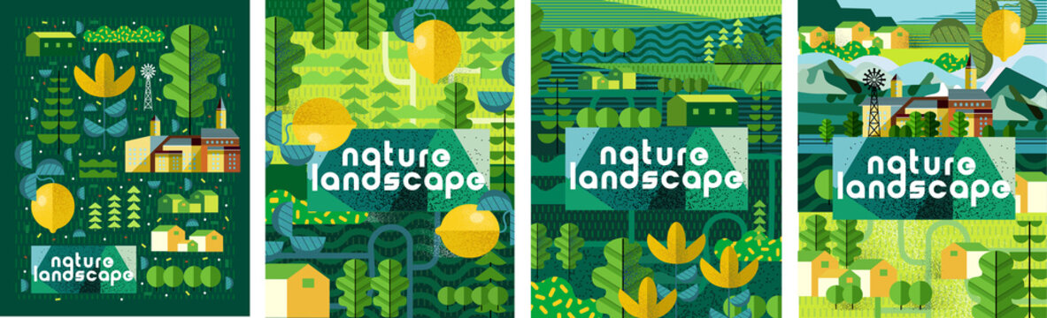 Nature And Landscape. Vector Art Abstract Illustration Of Village, Trees, Bushes, Lemon, Flowers, Houses For Poster, Background Or Cover. Agriculture And Garden