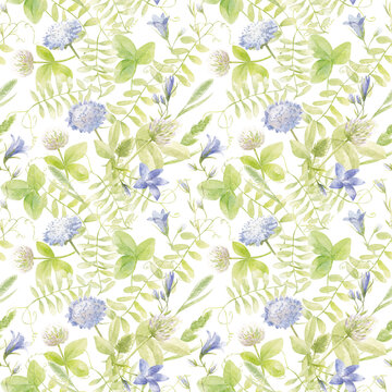 Wildflowers. Seamless watercolor pattern of flowers and clover leaves, bells, herbs good for fabrics, textiles, wallpaper, backdrops, wallpaper, wrapping paper, scrapbooking