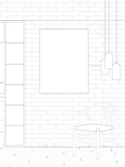 Sketch of the brutal loft interior with a vertical poster on a brick wall, lamps over a chair, a doorway with a frame, a tiled floor. Front view. 3d render