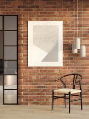 Brutal loft interior with a vertical poster on a brown brick wall, concrete lamps over a shabby chair, a doorway with a black metal frame, a wooden floor. Front view. 3d render