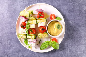 grilled vegetable skewer and dipping sauce