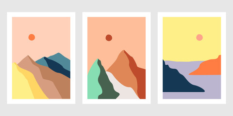 Abstract contemporary landscape posters. Modern boho background set with sun moon mountains, minimalist wall decor. Vector art print.