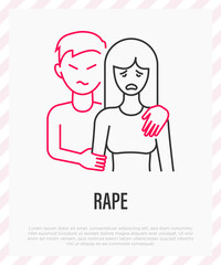 Rape thin line icon. Man holds crying woman for the shoulders. Victim of violence. Sexual harassment. Abuser. Vector illustration.